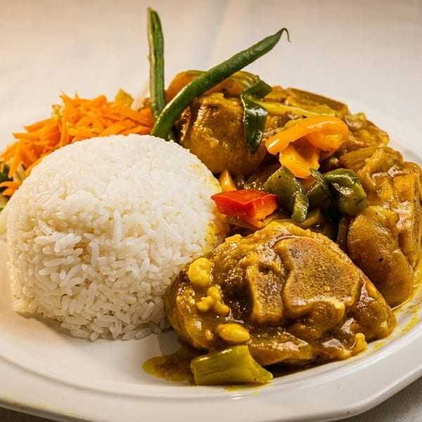 Curried chicken with rice, shredded carrots, and green beans on a white plate.