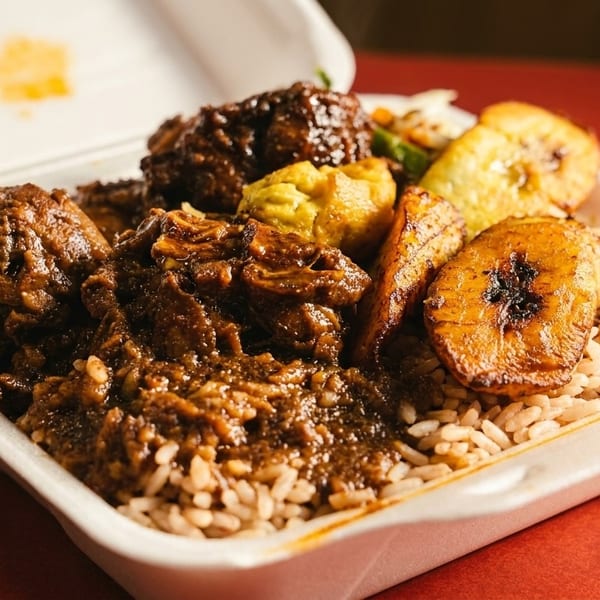 Oxtail stew with rice and peas, fried plantains, and dumplings in a takeout container.