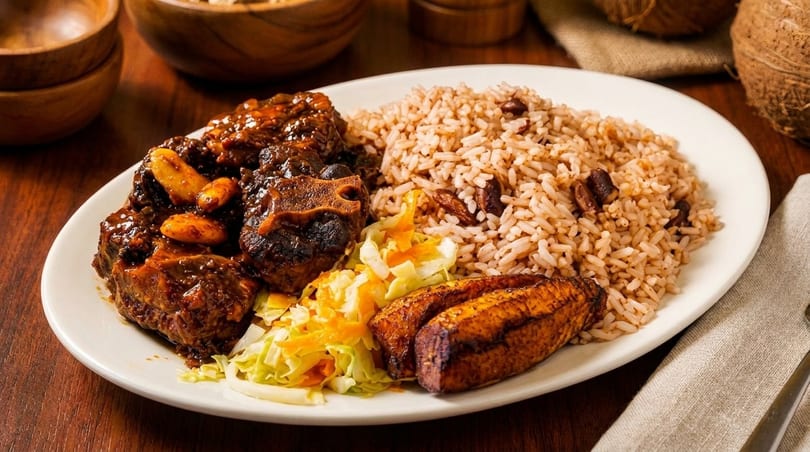 A plate of oxtail stew with rice and peas, fried plantains, and shredded cabbage.