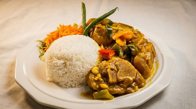 Curried chicken with rice, bell peppers, green beans, and shredded carrots on a white plate.